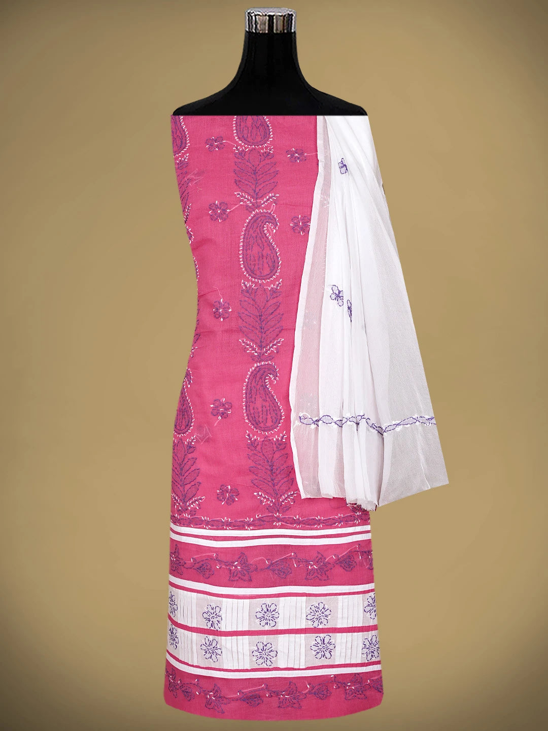 Ada Hand Embroidered Magenta Cotton Lucknowi Chikankari Unstitched Suit Piece 01A882742
