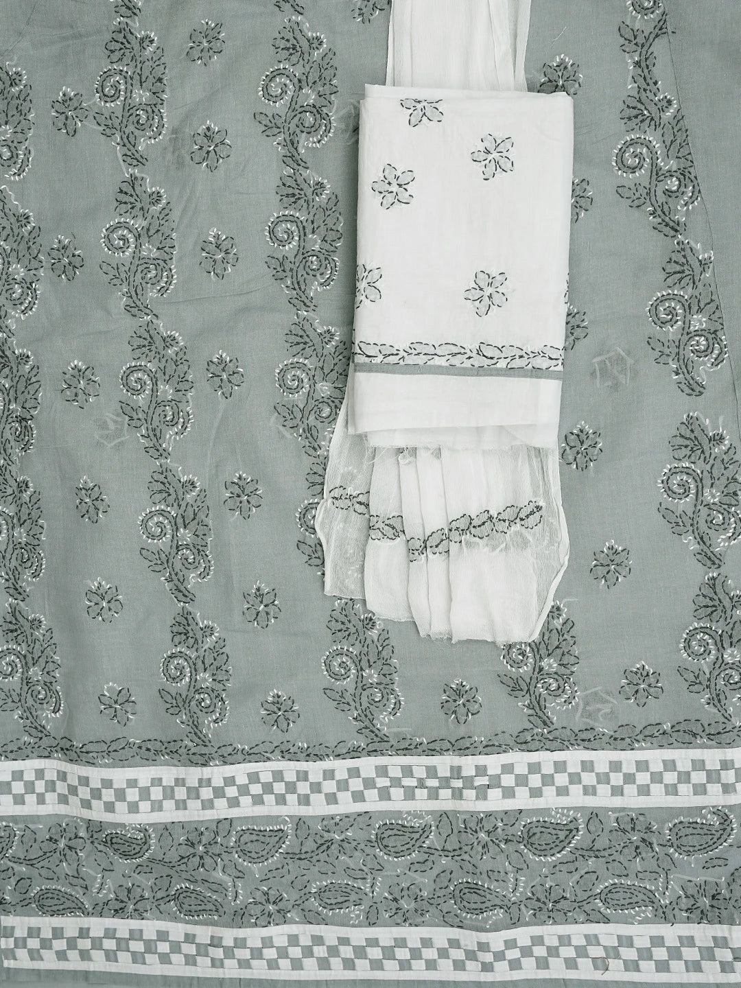 Ada Hand Embroidered Grey Cotton Lucknowi Chikankari Unstitched Suit Piece 01A882745