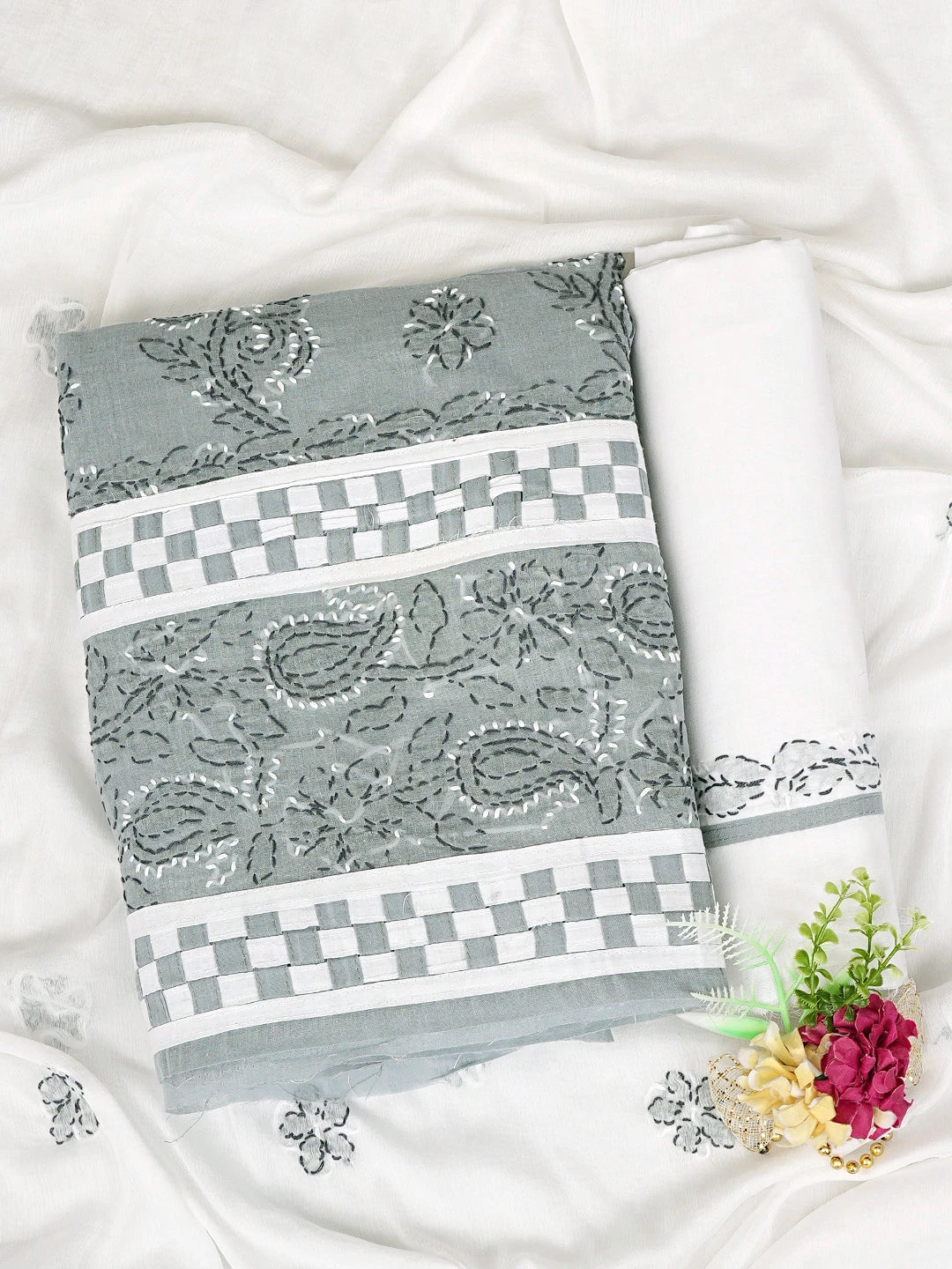Ada Hand Embroidered Grey Cotton Lucknowi Chikankari Unstitched Suit Piece 01A882745