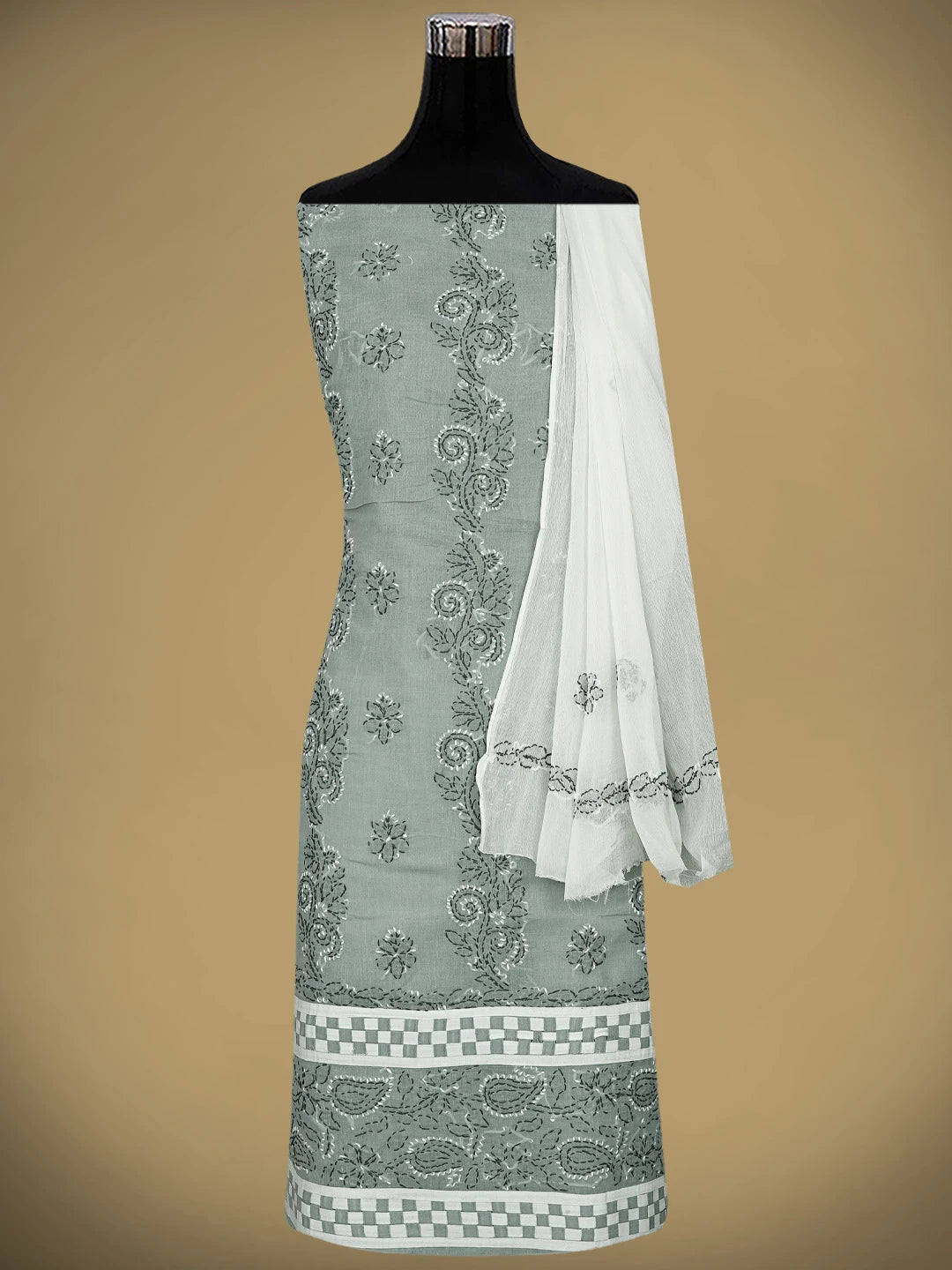 Ada Hand Embroidered Grey Cotton Lucknowi Chikankari Unstitched Suit Piece 01A882745