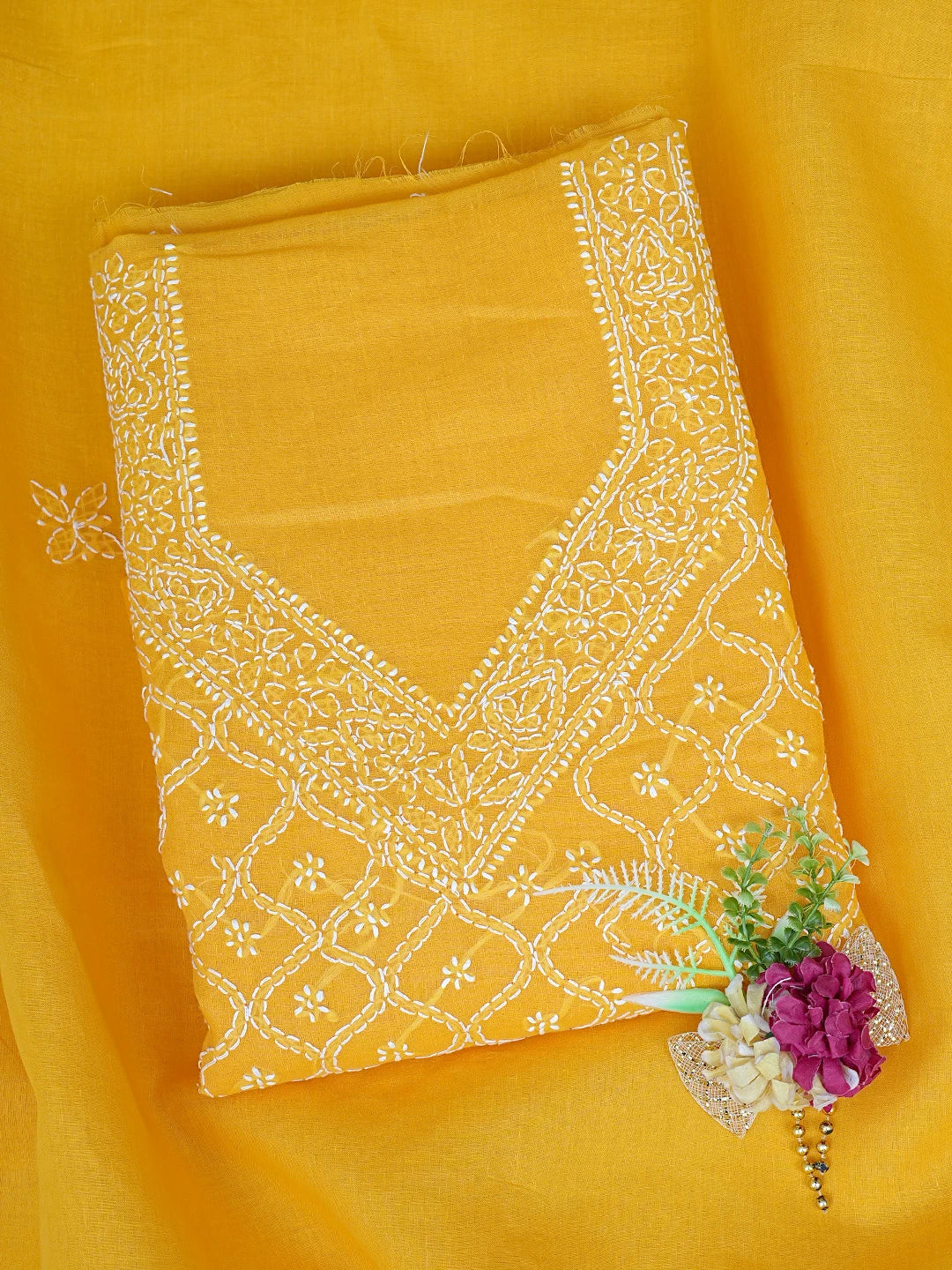 Ada Hand Embroidered Yellow Cotton Lucknowi Chikankari Unstitched Suit Piece 01A882374