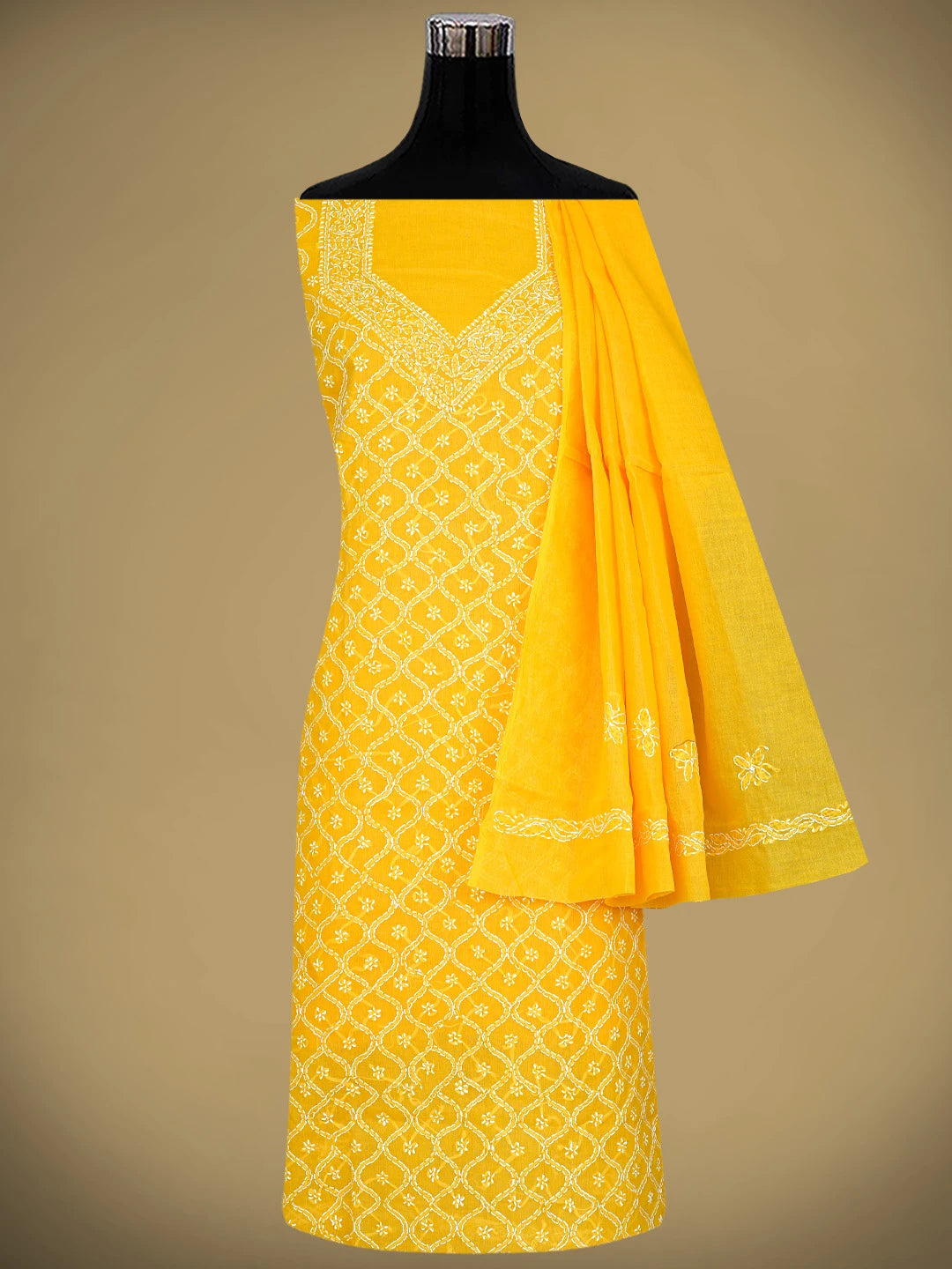 Ada Hand Embroidered Yellow Cotton Lucknowi Chikankari Unstitched Suit Piece 01A882374