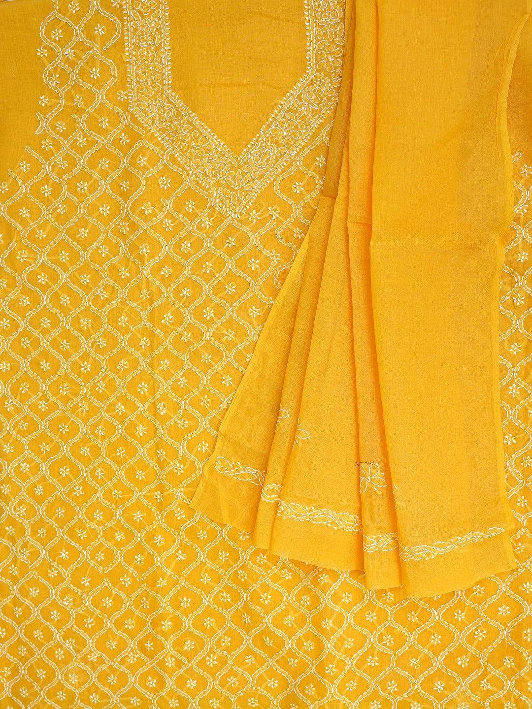 Ada Hand Embroidered Yellow Cotton Lucknowi Chikankari Unstitched Suit Piece 01A882374