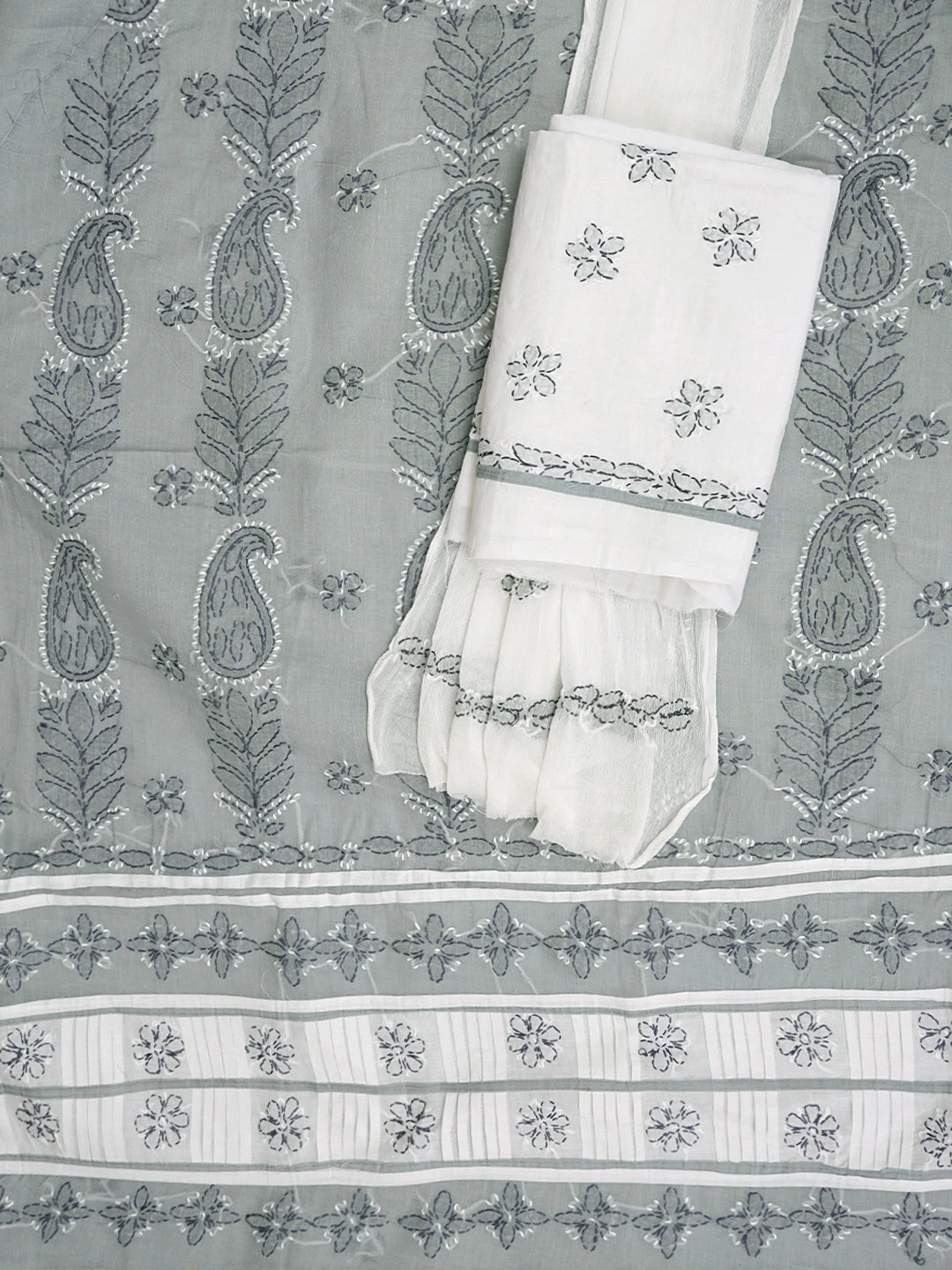 Ada Hand Embroidered Grey Cotton Lucknowi Chikankari Unstitched Suit Piece 01A882744