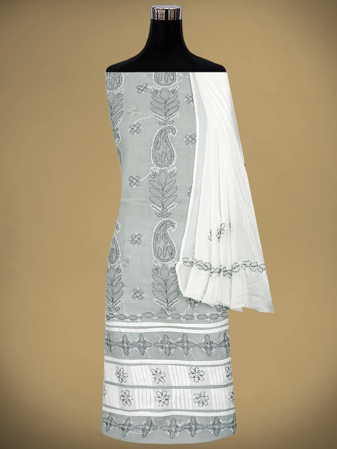 Ada Hand Embroidered Grey Cotton Lucknowi Chikankari Unstitched Suit Piece 01A882744