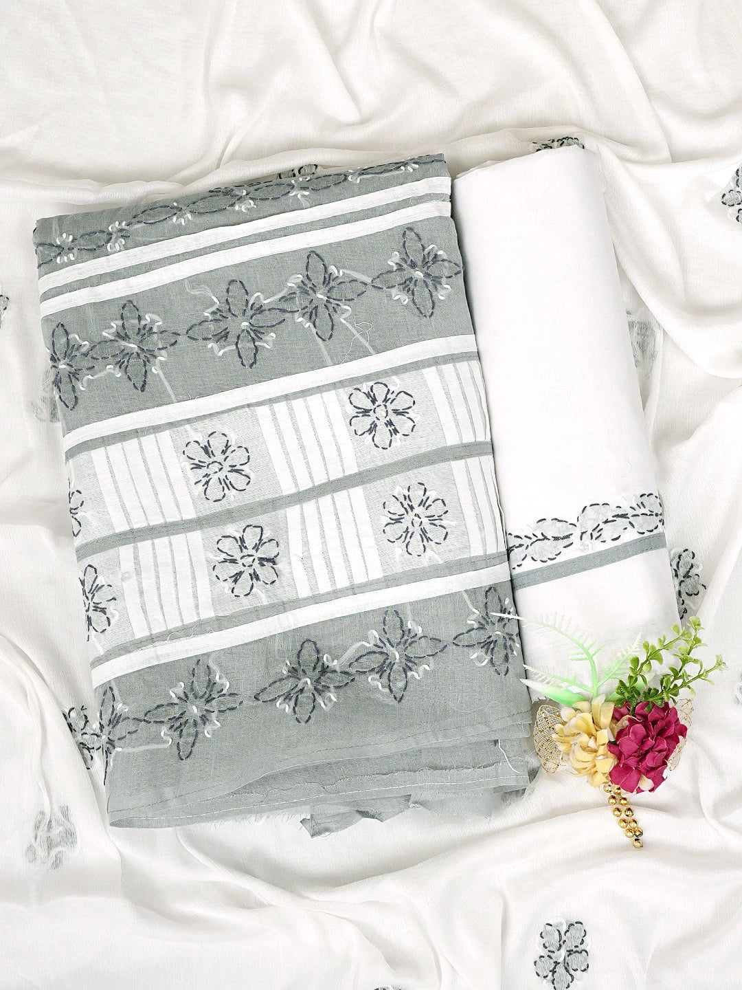 Ada Hand Embroidered Grey Cotton Lucknowi Chikankari Unstitched Suit Piece 01A882744