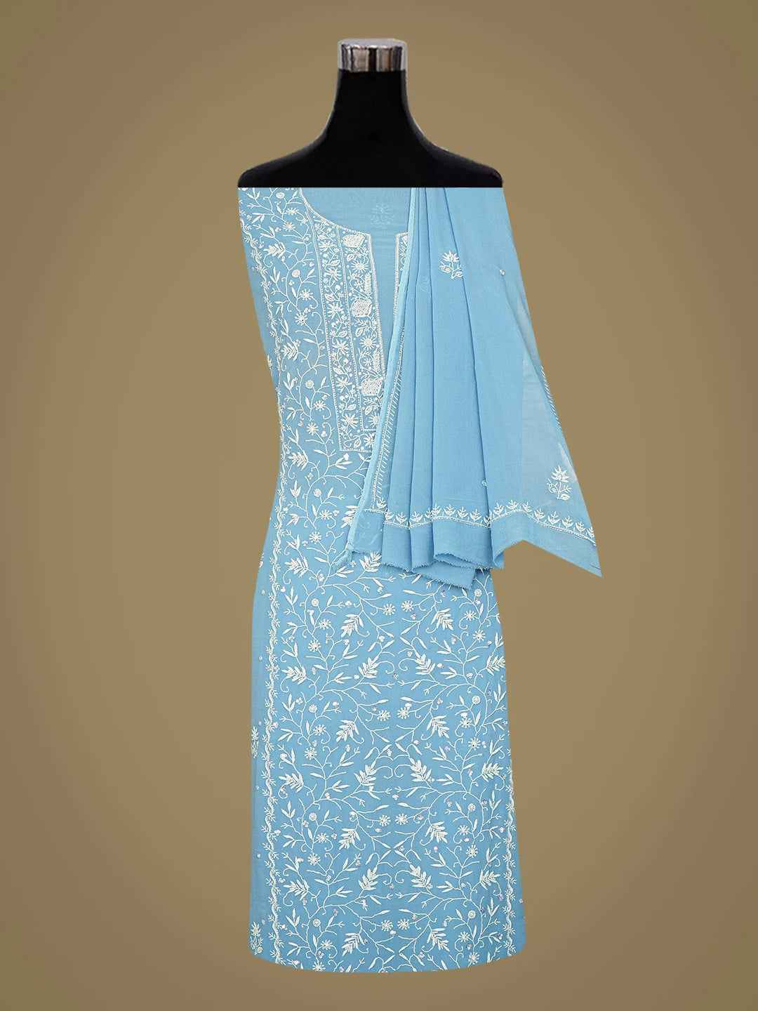 Ada Hand Embroidered Steel Blue Viscose Georgette Lucknowi Chikankari Unstitched Kurta Dupatta Set With Cutdana Work 01A865515