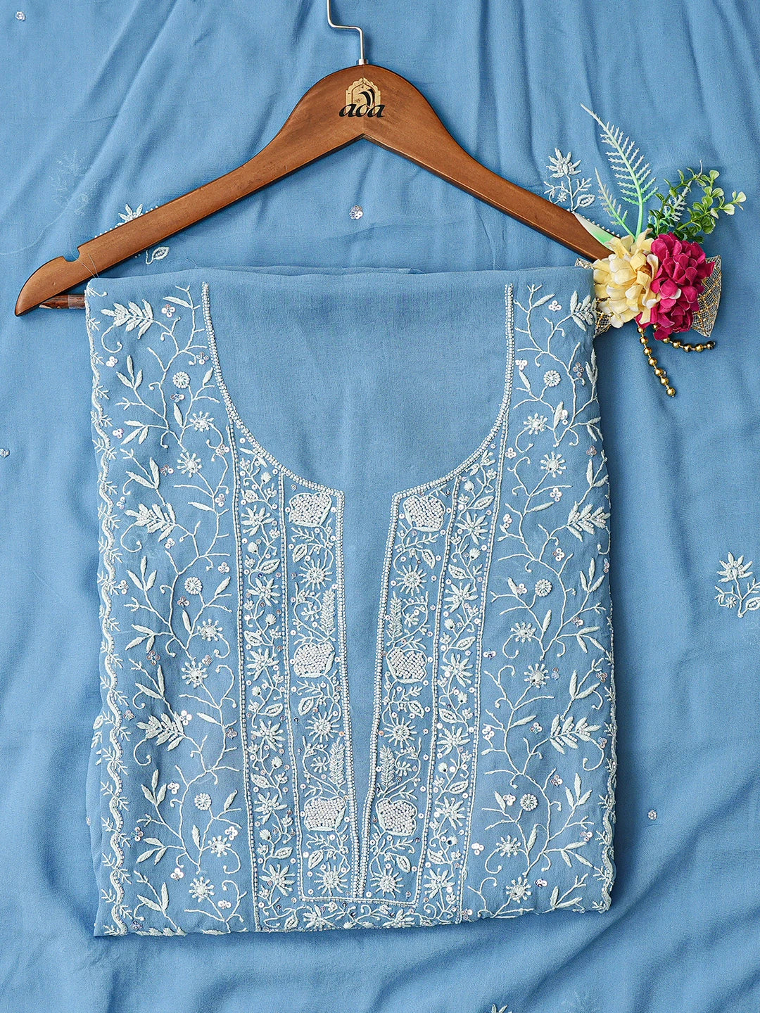 Ada Hand Embroidered Steel Blue Viscose Georgette Lucknowi Chikankari Unstitched Kurta Dupatta Set With Cutdana Work 01A865515
