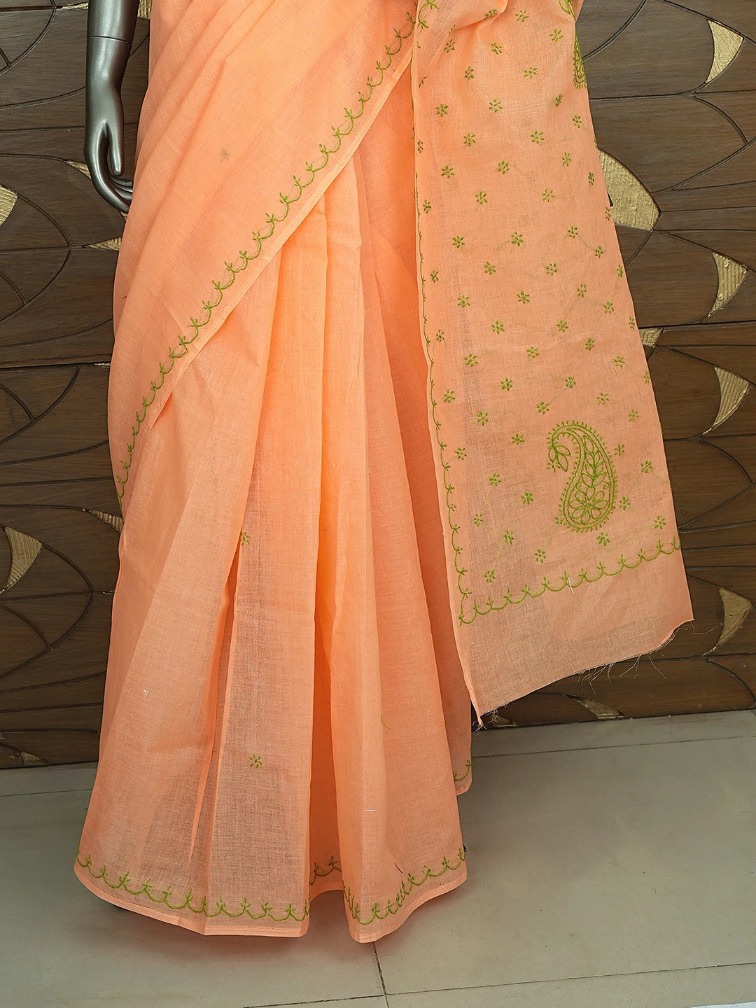 Ada Hand Embroidered Orange Cotton Lucknowi Chikankari Saree and Blouse 01A882925