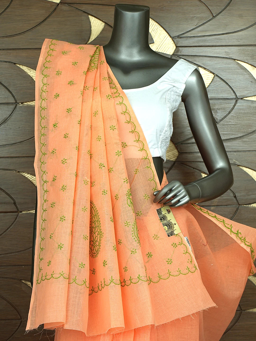 Ada Hand Embroidered Orange Cotton Lucknowi Chikankari Saree and Blouse 01A882925