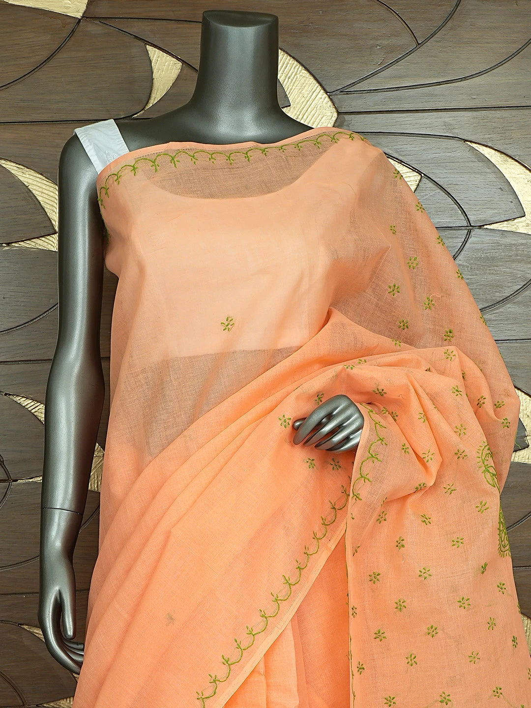 Ada Hand Embroidered Orange Cotton Lucknowi Chikankari Saree and Blouse 01A882925