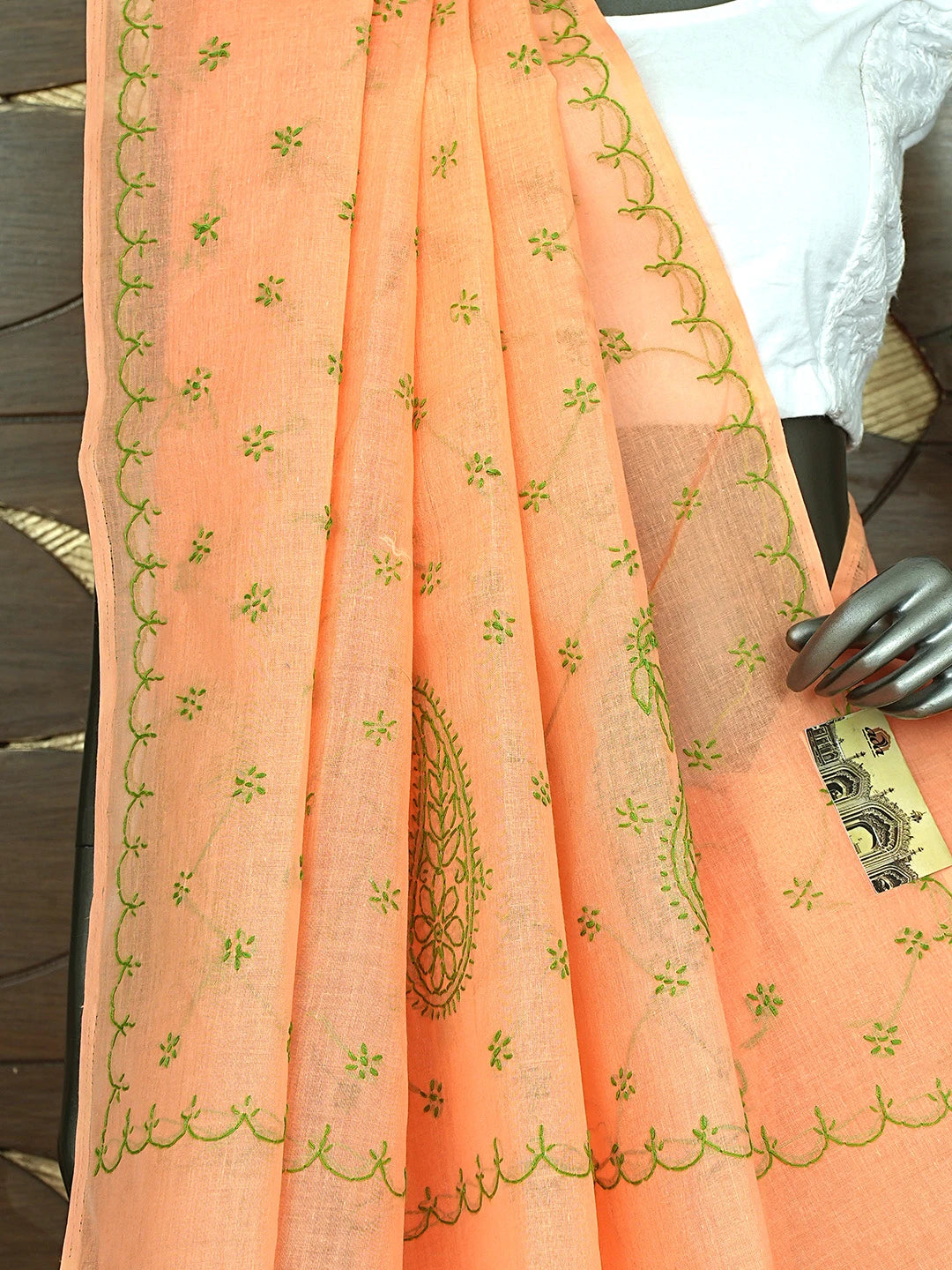 Ada Hand Embroidered Orange Cotton Lucknowi Chikankari Saree and Blouse 01A882925