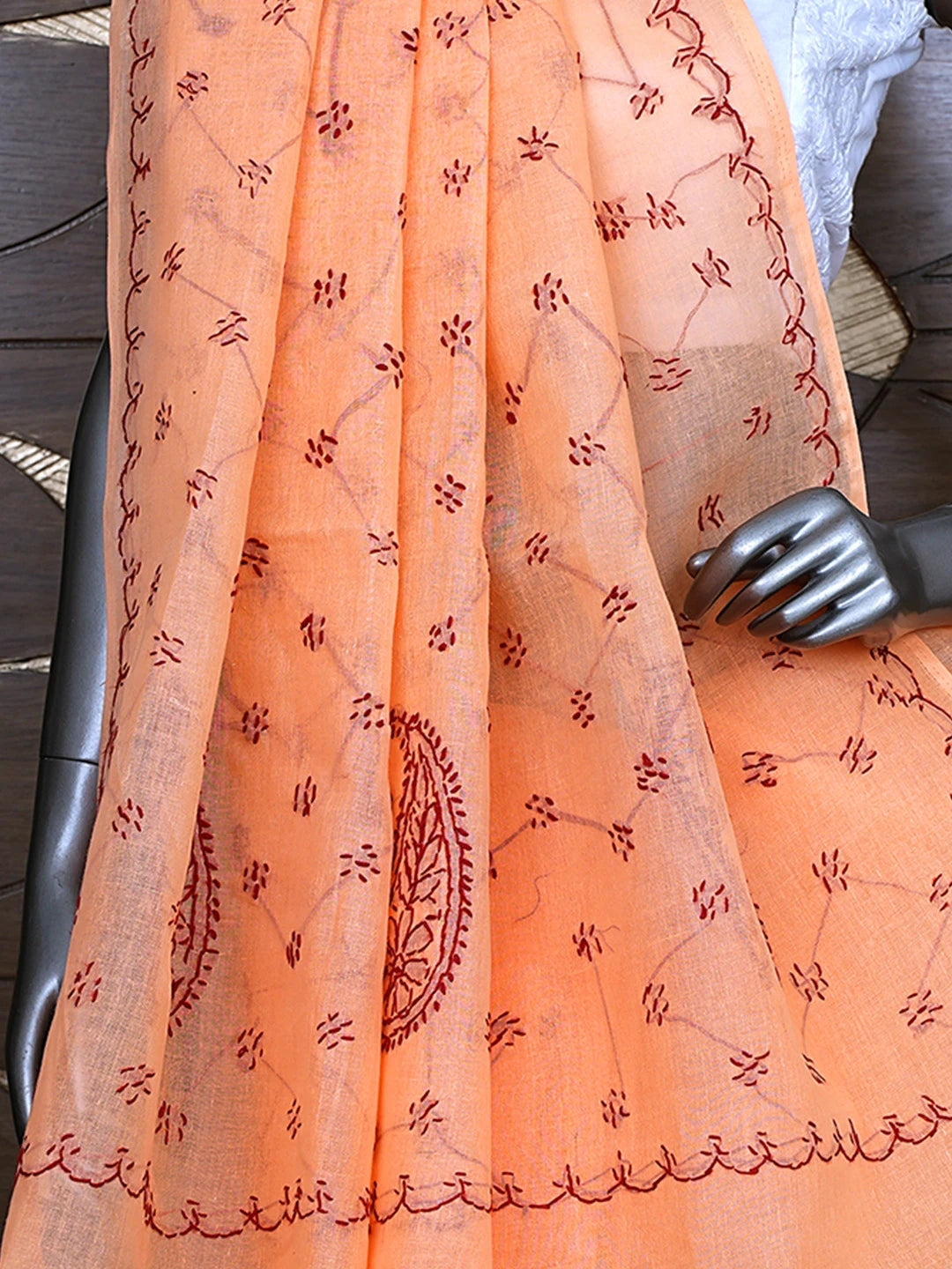 Ada Hand Embroidered Orange Cotton Lucknowi Chikankari Saree and Blouse 01A882926