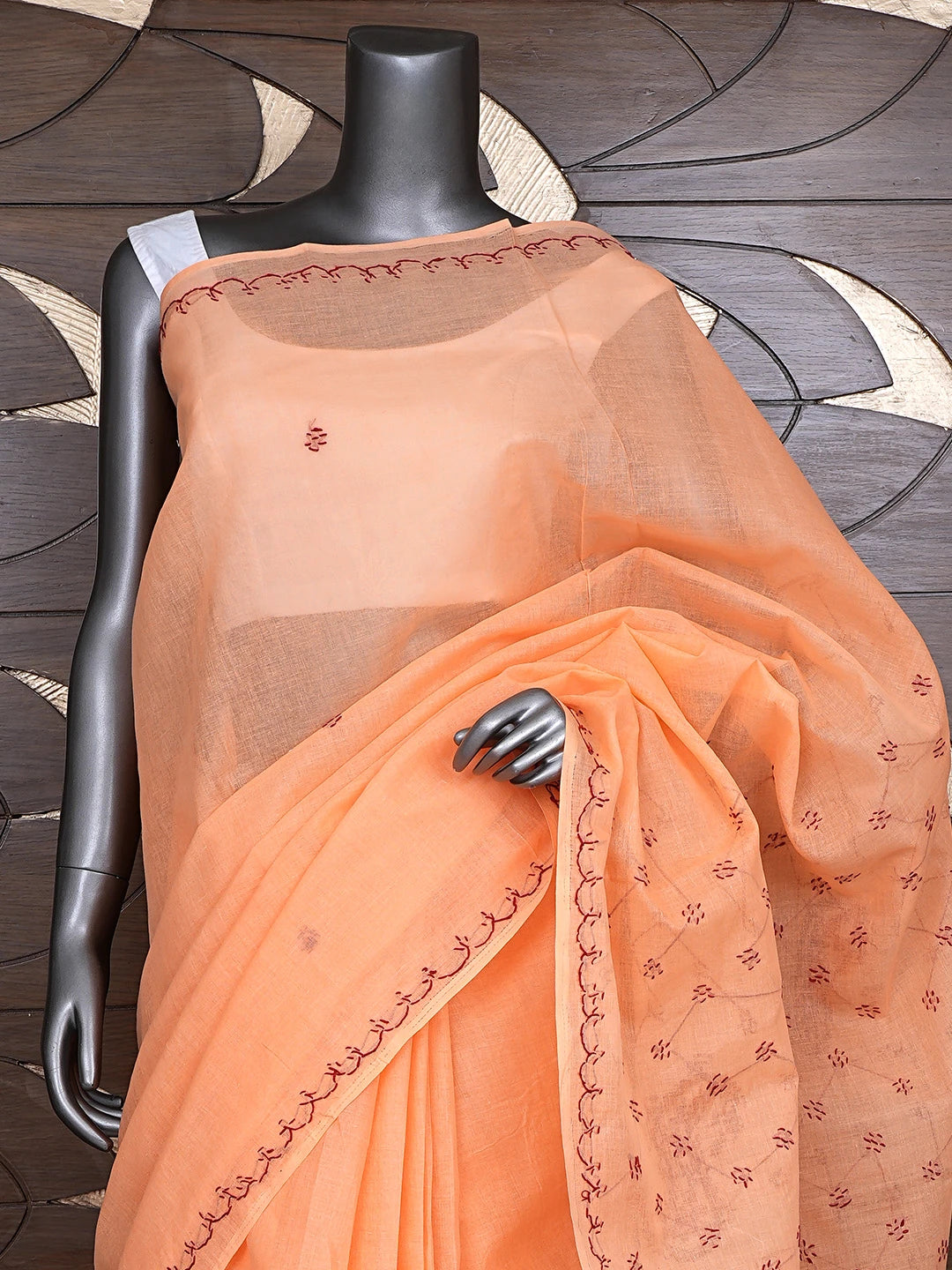 Ada Hand Embroidered Orange Cotton Lucknowi Chikankari Saree and Blouse 01A882926
