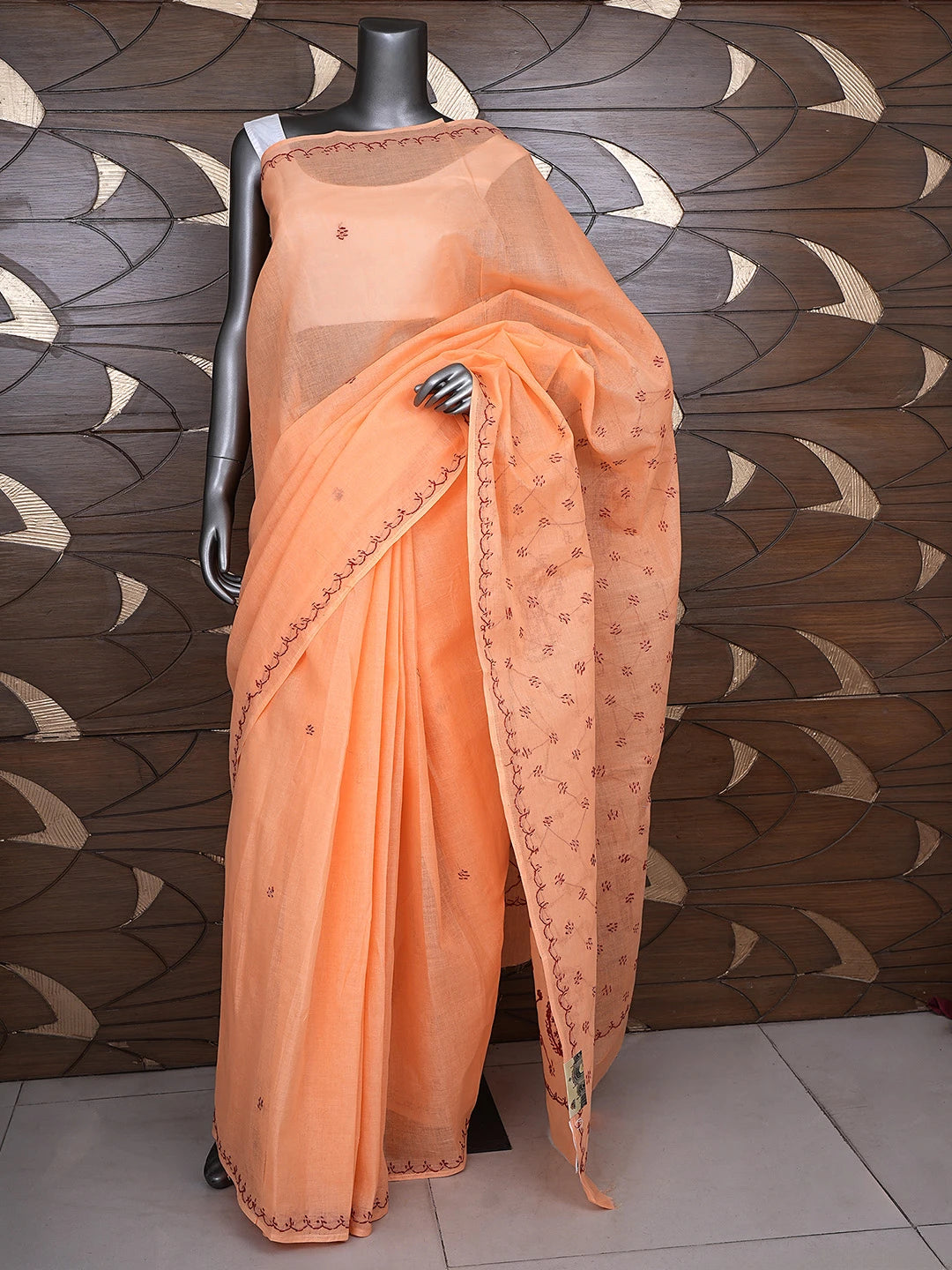 Ada Hand Embroidered Orange Cotton Lucknowi Chikankari Saree and Blouse 01A882926