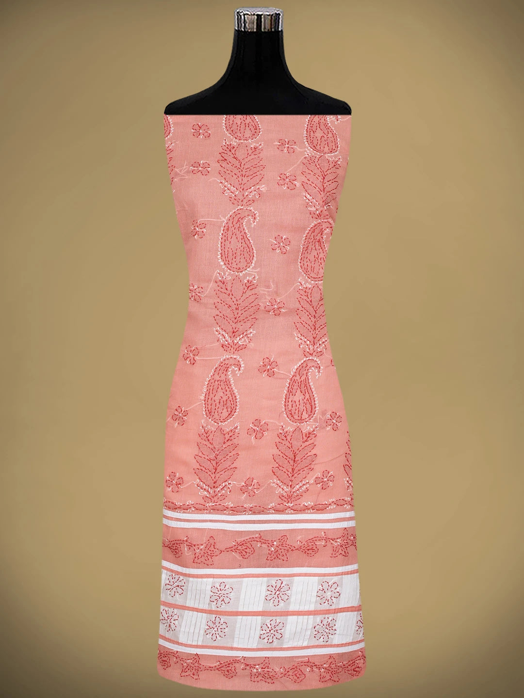 Ada Hand Embroidered Peach Cotton Lucknowi Chikankari Unstitched Suit Piece 01A882739