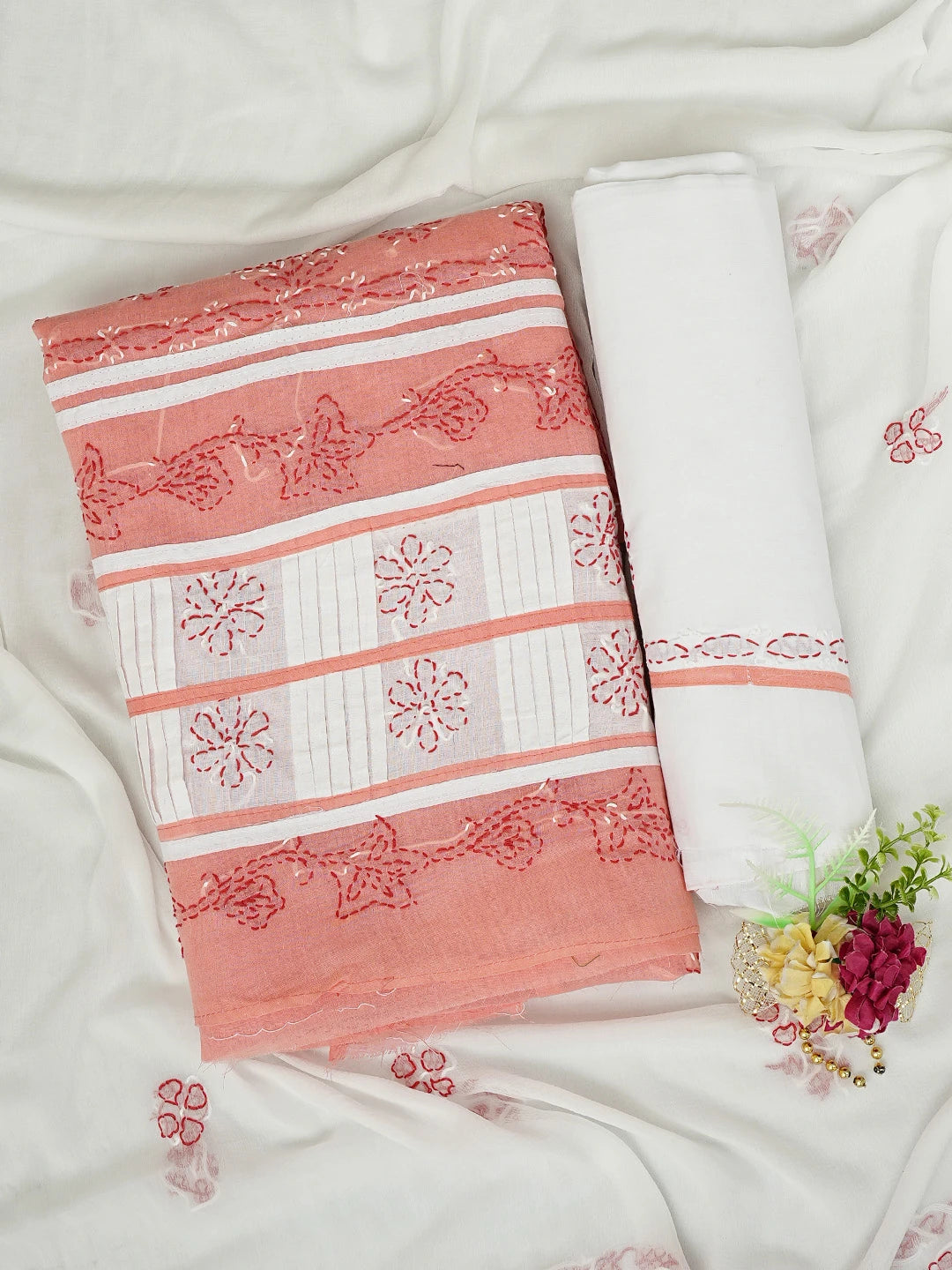 Ada Hand Embroidered Peach Cotton Lucknowi Chikankari Unstitched Suit Piece 01A882739