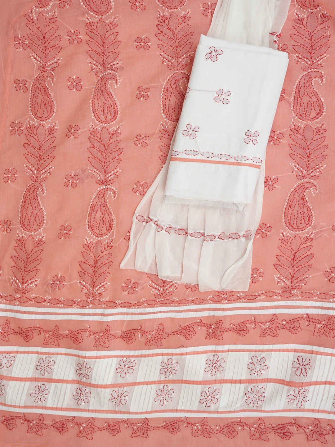 Ada Hand Embroidered Peach Cotton Lucknowi Chikankari Unstitched Suit Piece 01A882739