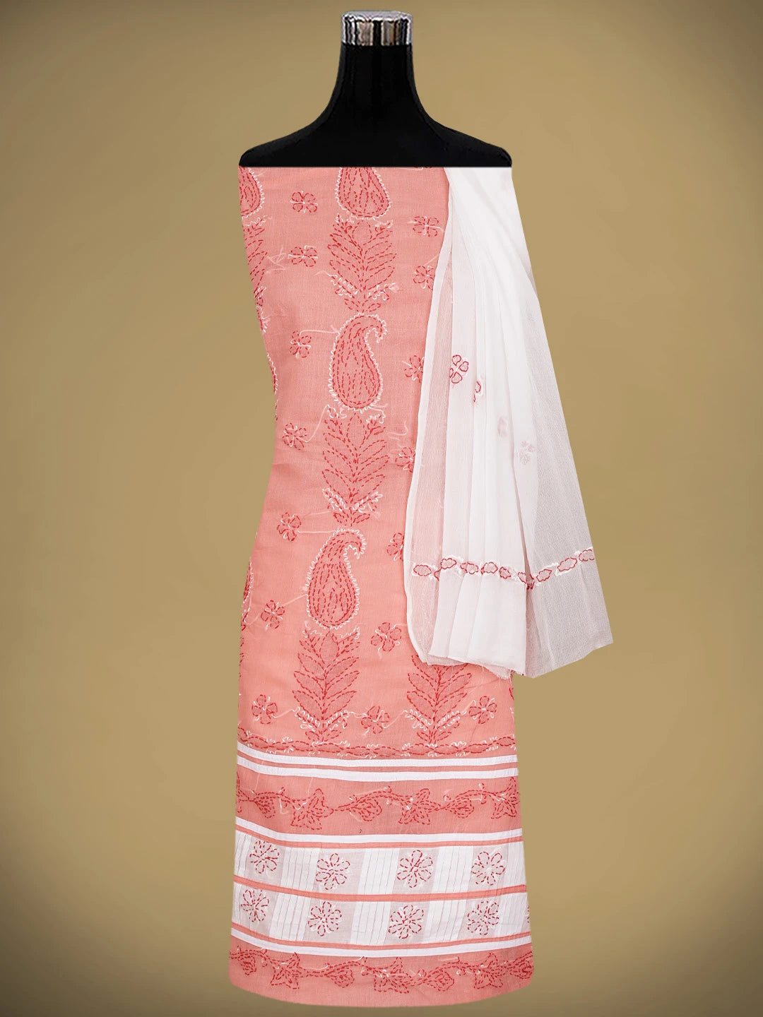 Ada Hand Embroidered Peach Cotton Lucknowi Chikankari Unstitched Suit Piece 01A882739