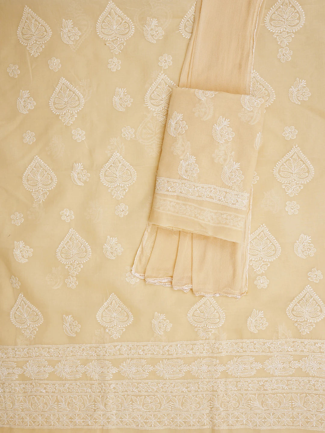 Ada Hand Embroidered Fawn Cotton Lucknowi Chikankari Unstitched Suit Piece 01A853616