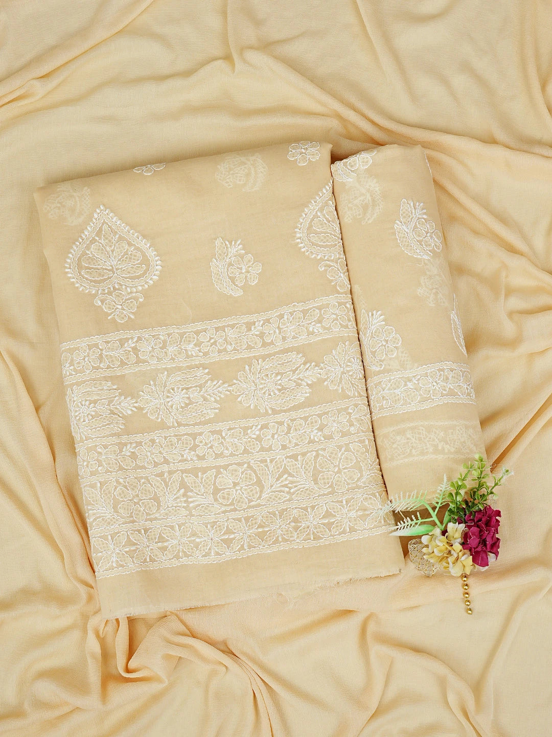 Ada Hand Embroidered Fawn Cotton Lucknowi Chikankari Unstitched Suit Piece 01A853616