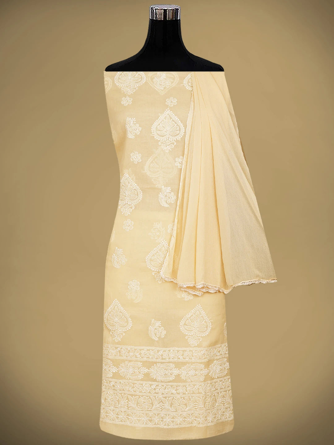 Ada Hand Embroidered Fawn Cotton Lucknowi Chikankari Unstitched Suit Piece 01A853616