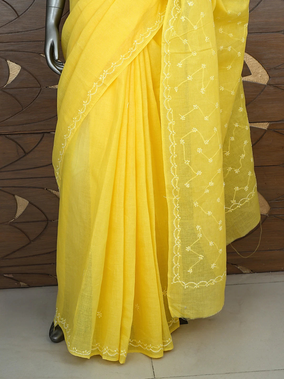Ada Hand Embroidered Yellow Cotton Lucknowi Chikankari Saree and Blouse 01A882887