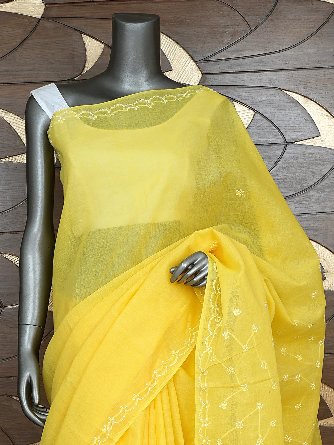Ada Hand Embroidered Yellow Cotton Lucknowi Chikankari Saree and Blouse 01A882887