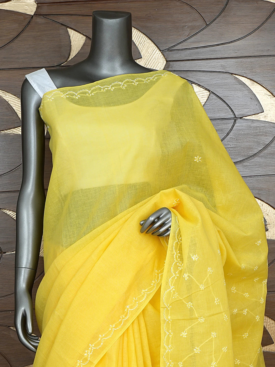 Ada Hand Embroidered Yellow Cotton Lucknowi Chikankari Saree and Blouse 01A882887
