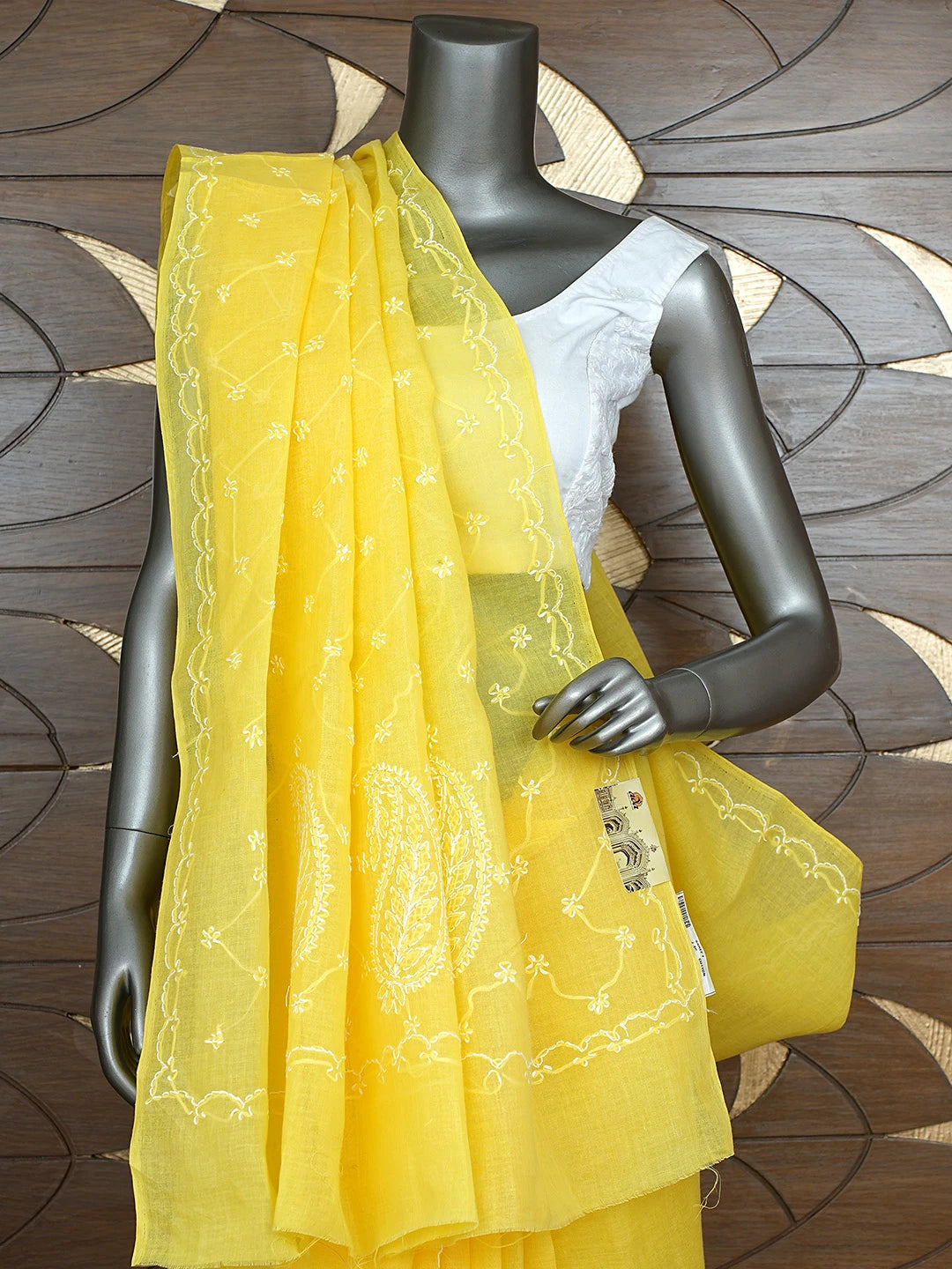 Ada Hand Embroidered Yellow Cotton Lucknowi Chikankari Saree and Blouse 01A882887