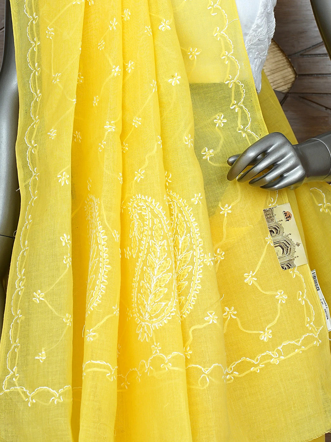 Ada Hand Embroidered Yellow Cotton Lucknowi Chikankari Saree and Blouse 01A882887