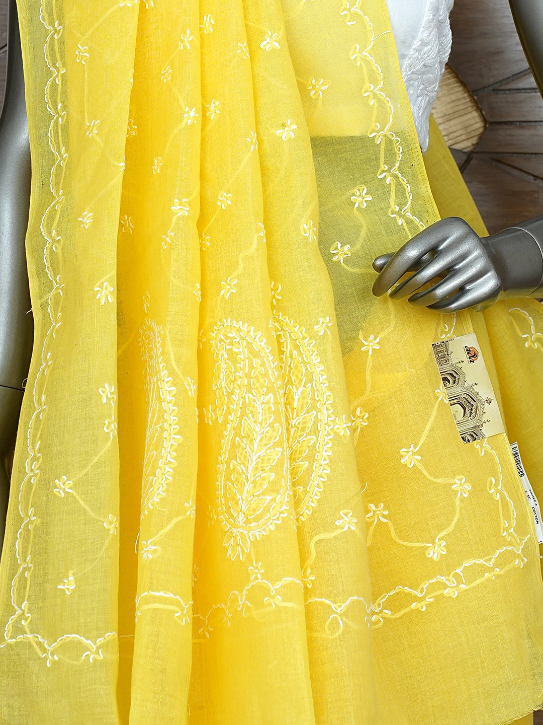 Ada Hand Embroidered Yellow Cotton Lucknowi Chikankari Saree and Blouse 01A882887