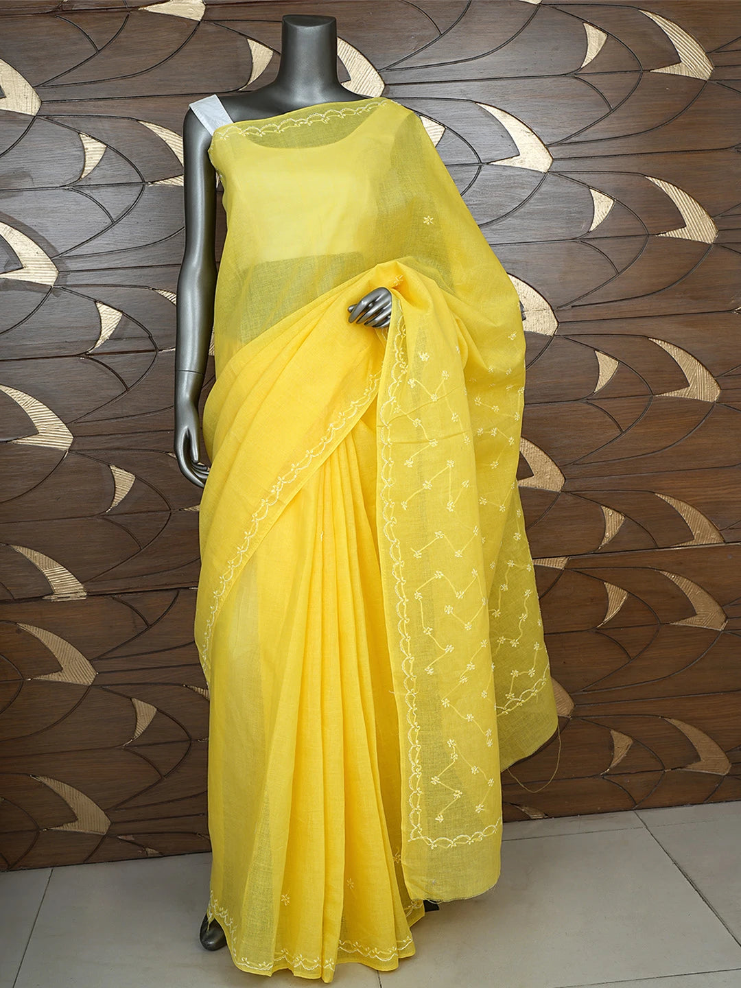Ada Hand Embroidered Yellow Cotton Lucknowi Chikankari Saree and Blouse 01A882887
