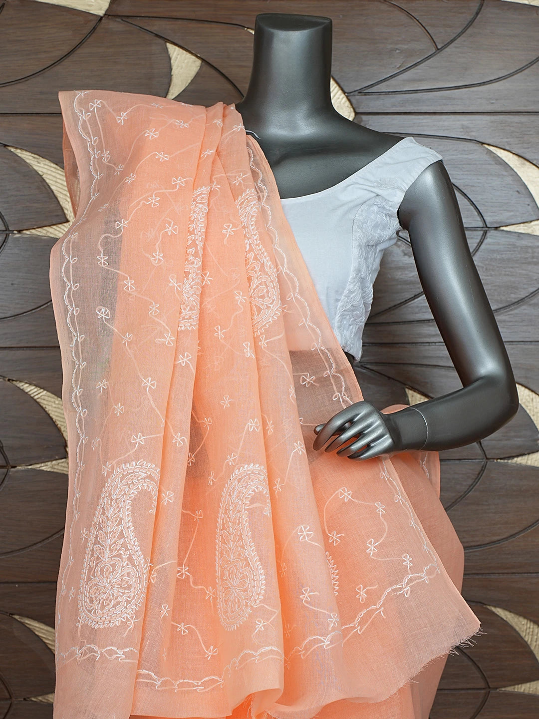 Ada Hand Embroidered Peach Cotton Lucknowi Chikankari Saree and Blouse 01A882924