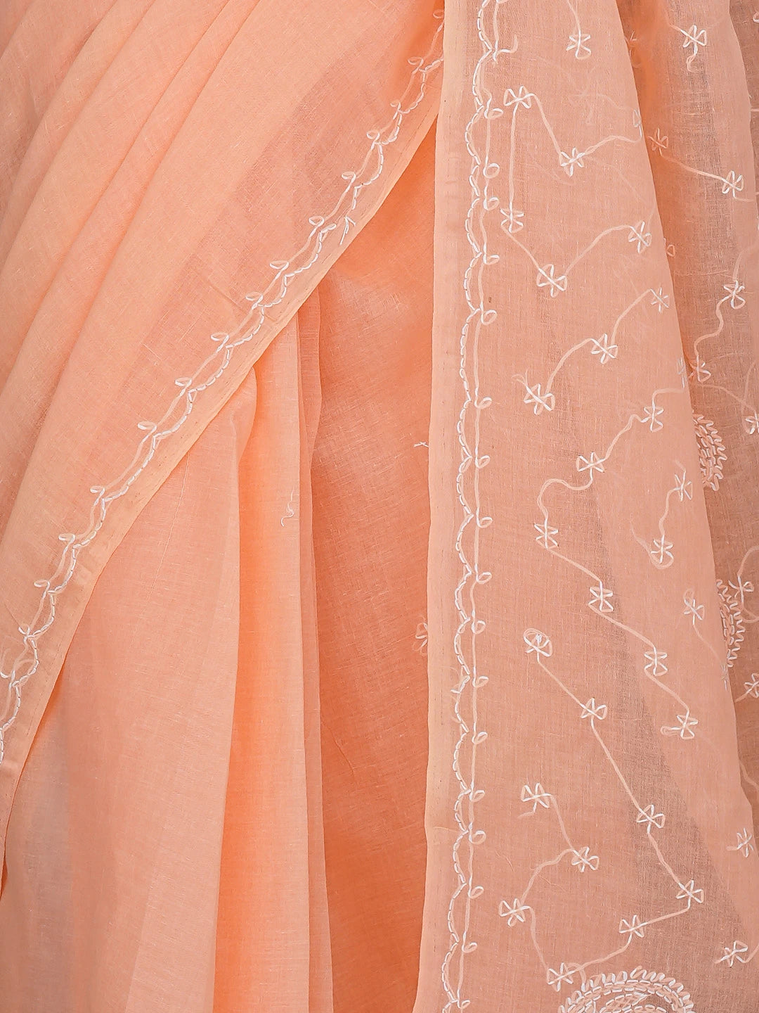 Ada Hand Embroidered Peach Cotton Lucknowi Chikankari Saree and Blouse 01A882924