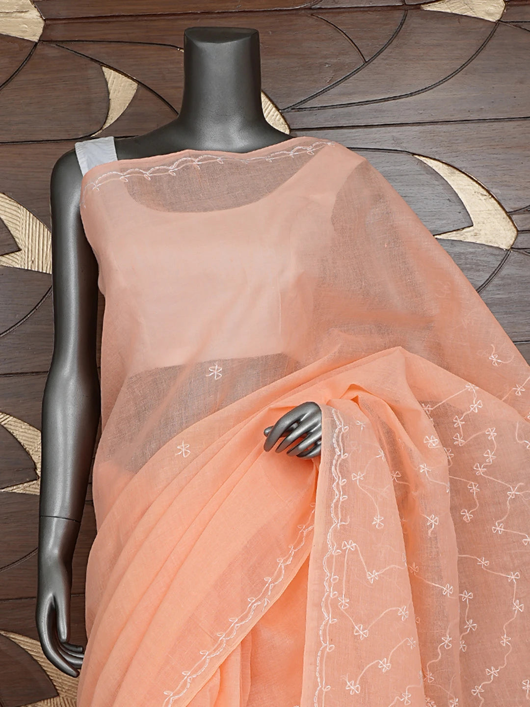 Ada Hand Embroidered Peach Cotton Lucknowi Chikankari Saree and Blouse 01A882924