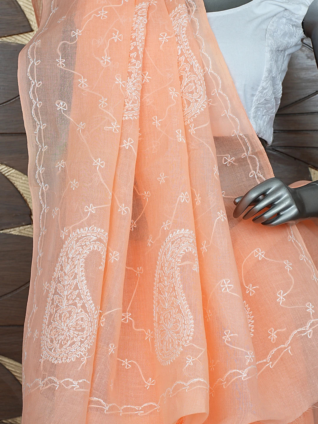 Ada Hand Embroidered Peach Cotton Lucknowi Chikankari Saree and Blouse 01A882924