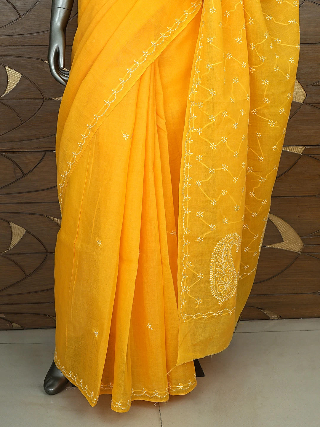 Ada Hand Embroidered Yellow Cotton Lucknowi Chikankari Saree and Blouse 01A882881