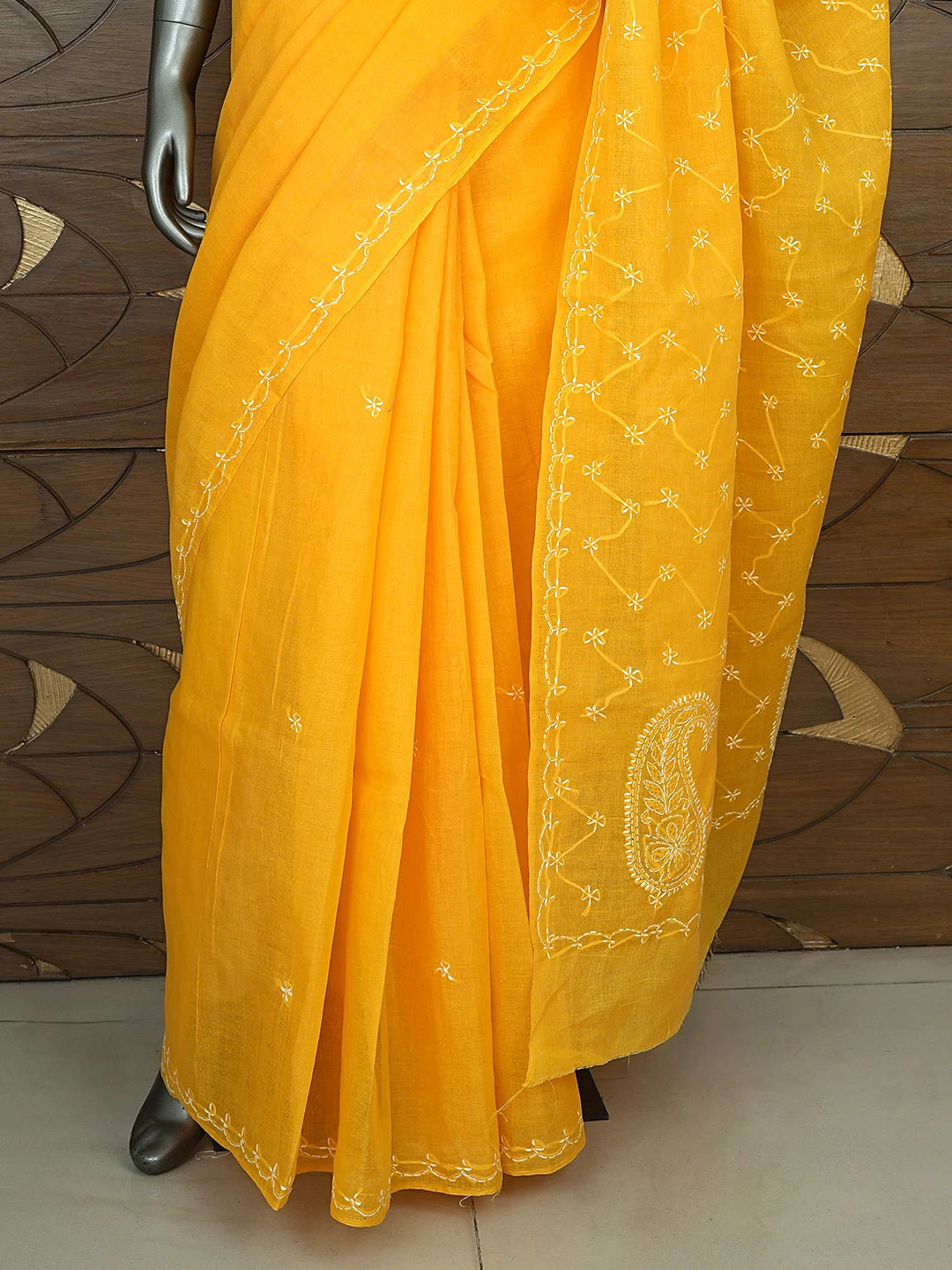 Ada Hand Embroidered Yellow Cotton Lucknowi Chikankari Saree and Blouse 01A882881