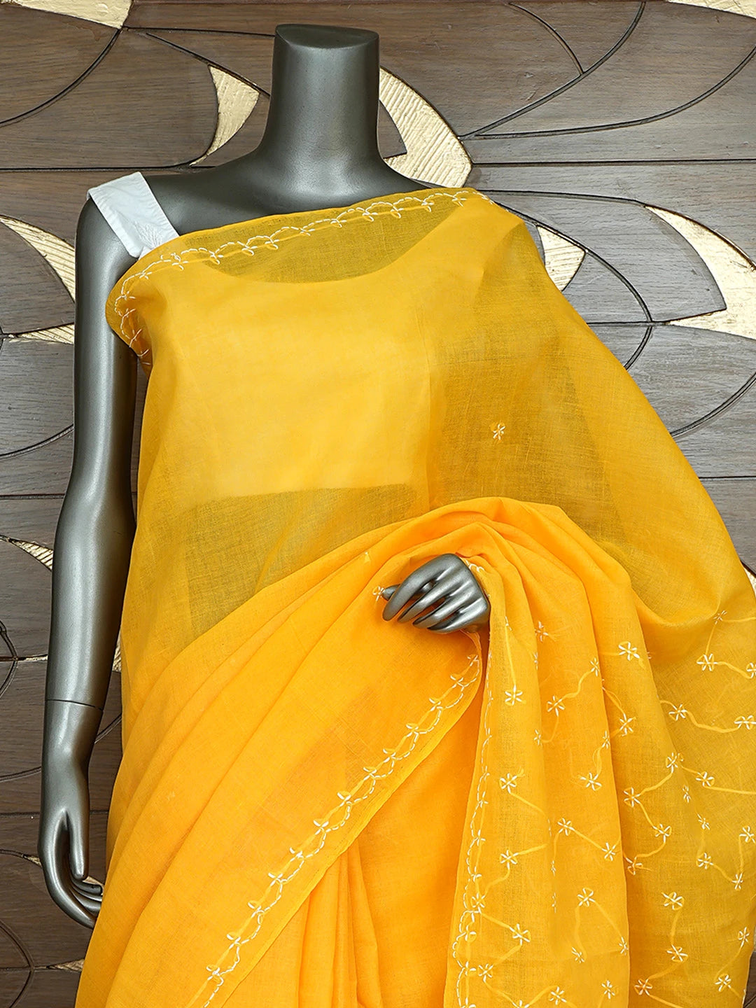 Ada Hand Embroidered Yellow Cotton Lucknowi Chikankari Saree and Blouse 01A882881