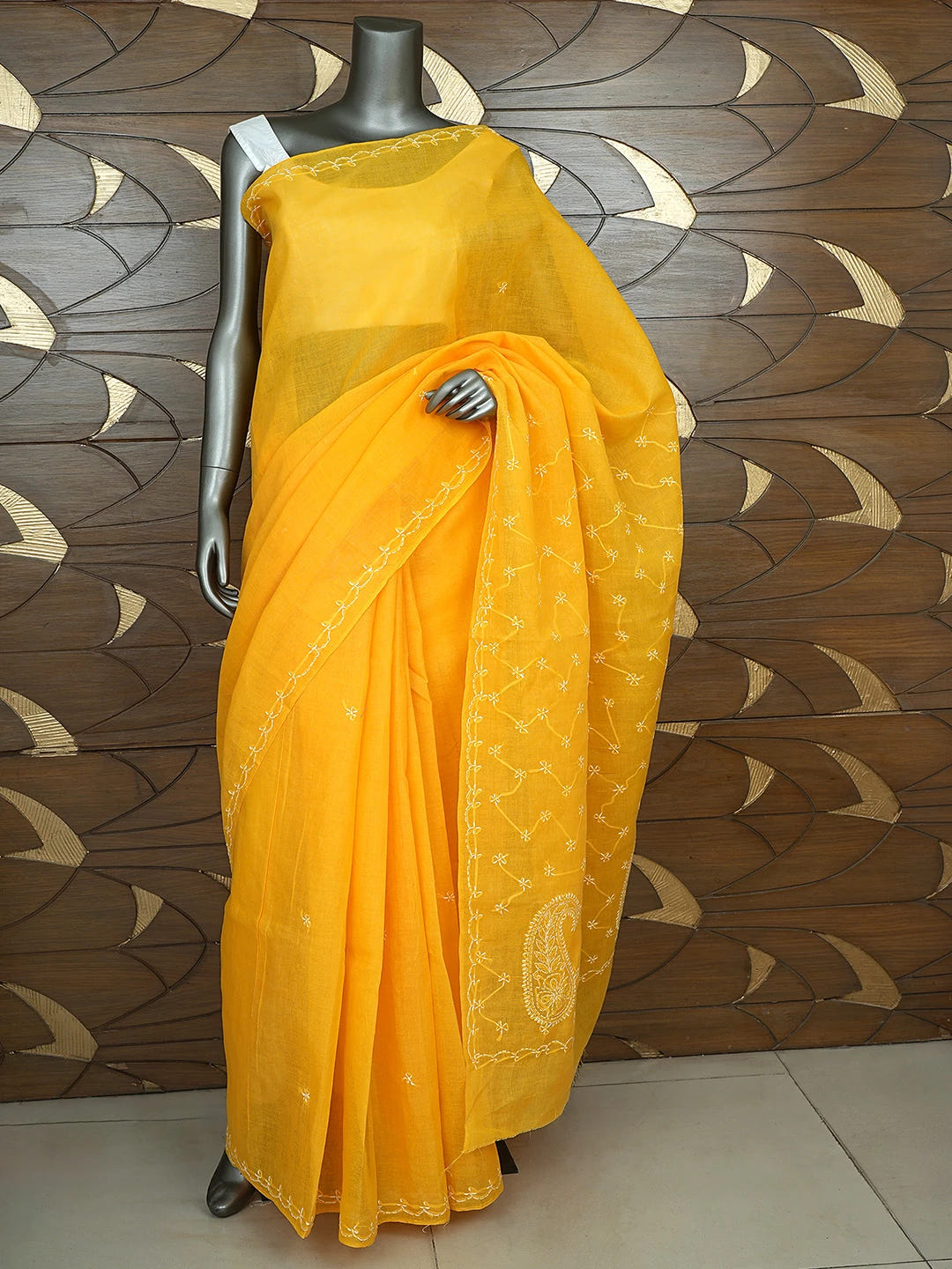 Ada Hand Embroidered Yellow Cotton Lucknowi Chikankari Saree and Blouse 01A882881