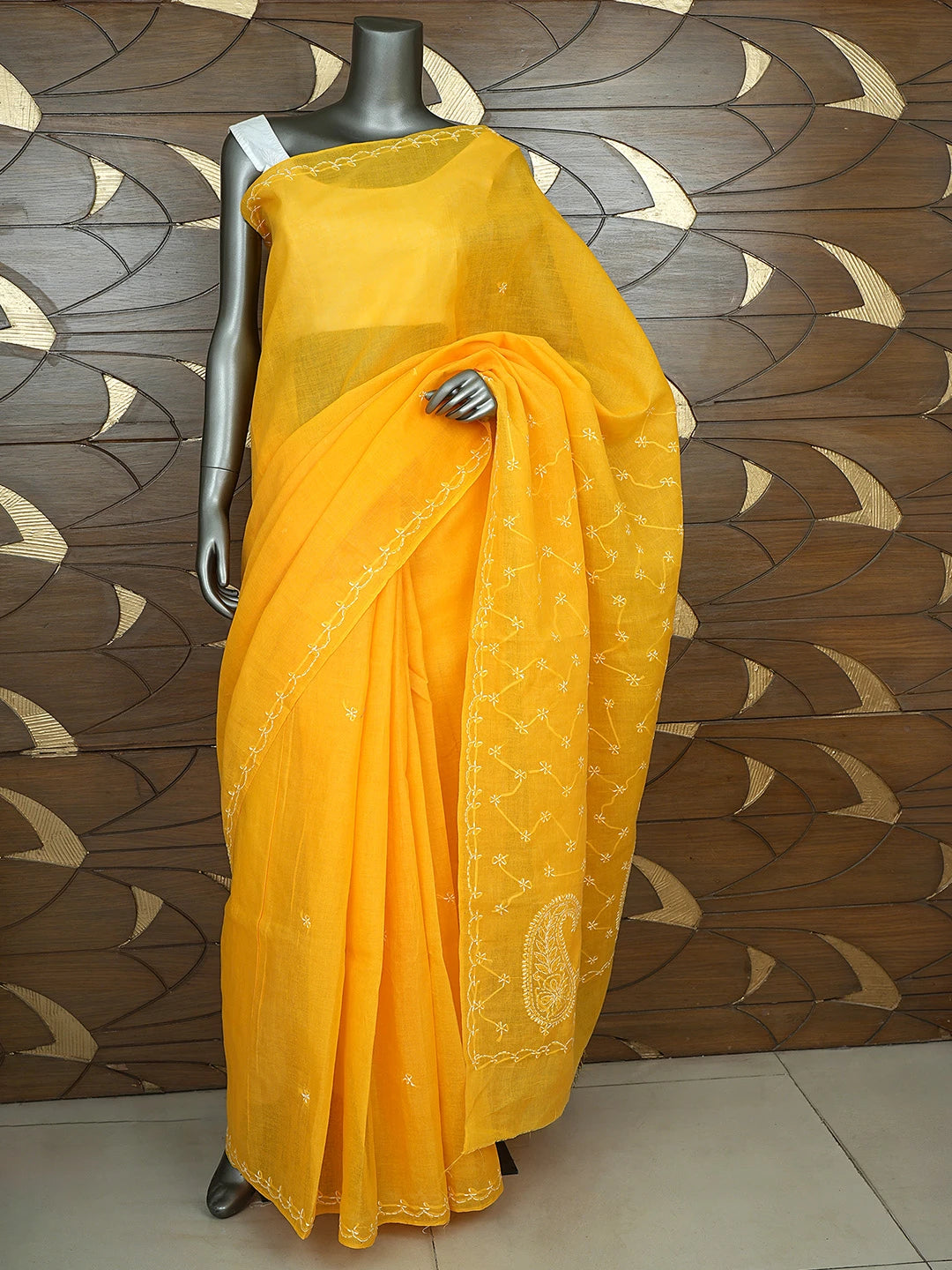 Ada Hand Embroidered Yellow Cotton Lucknowi Chikankari Saree and Blouse 01A882881