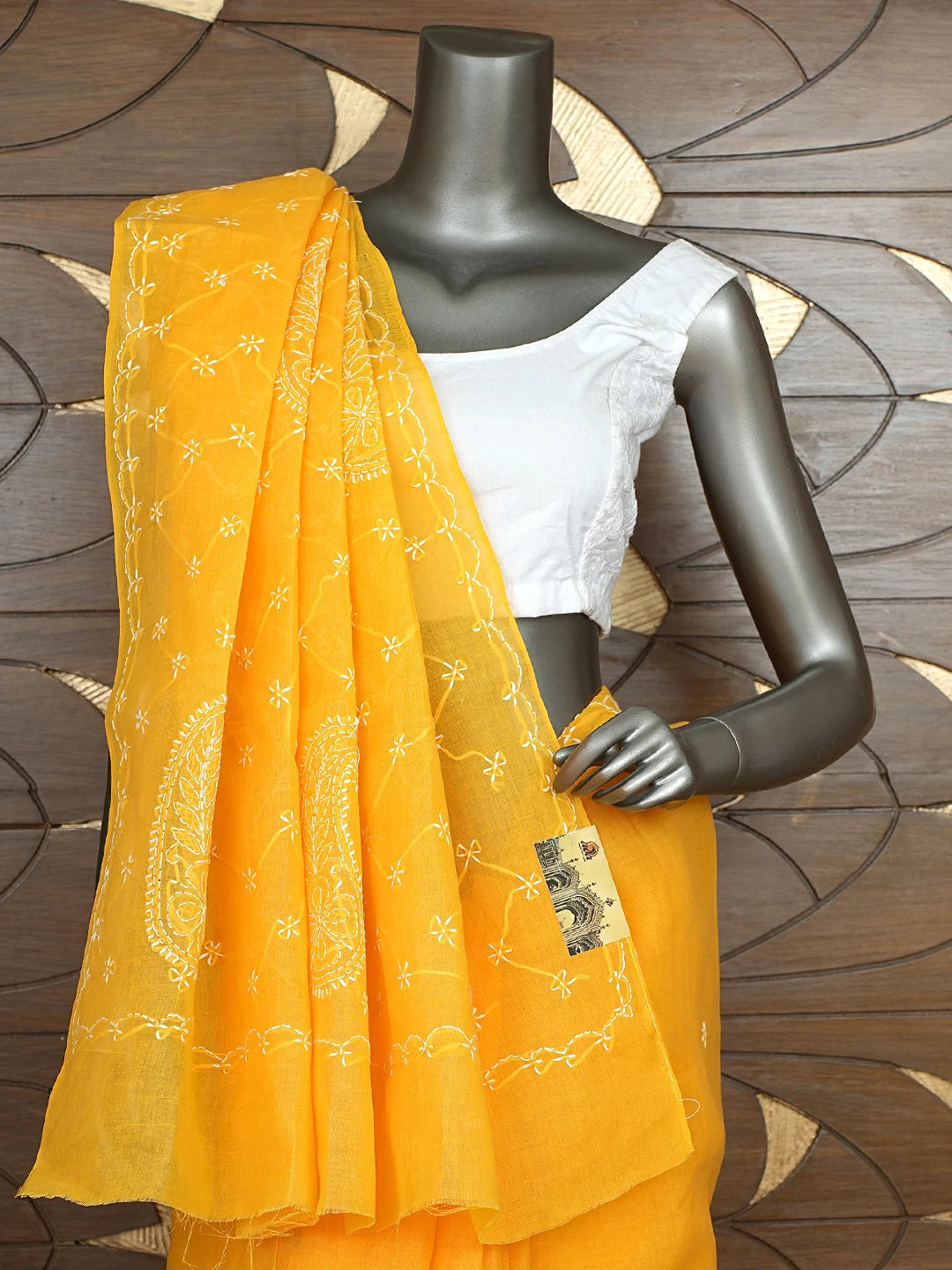 Ada Hand Embroidered Yellow Cotton Lucknowi Chikankari Saree and Blouse 01A882881