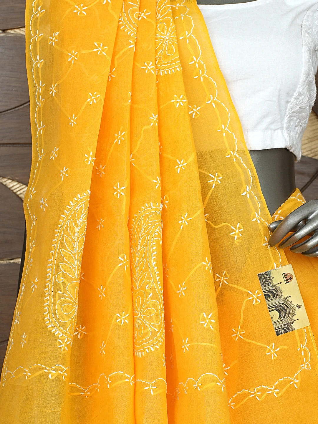 Ada Hand Embroidered Yellow Cotton Lucknowi Chikankari Saree and Blouse 01A882881