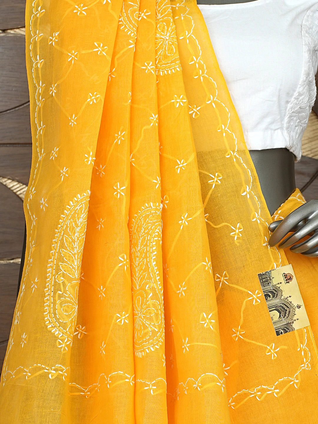 Ada Hand Embroidered Yellow Cotton Lucknowi Chikankari Saree and Blouse 01A882881