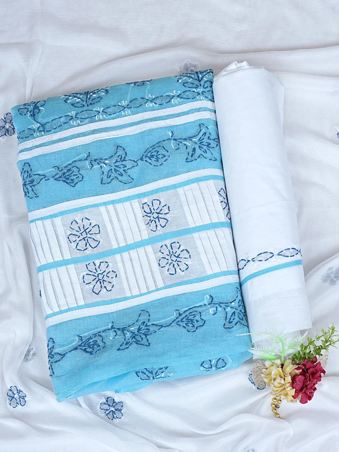 Ada Hand Embroidered Blue Cotton Lucknowi Chikankari Unstitched Suit Piece 01A882749