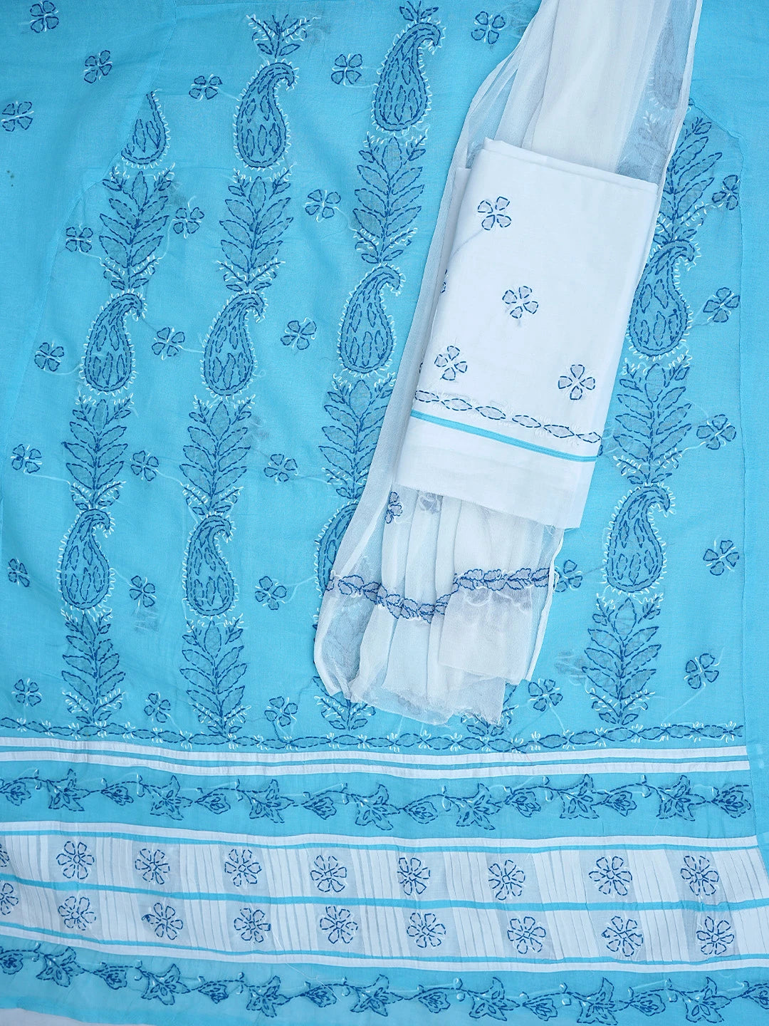 Ada Hand Embroidered Blue Cotton Lucknowi Chikankari Unstitched Suit Piece 01A882749