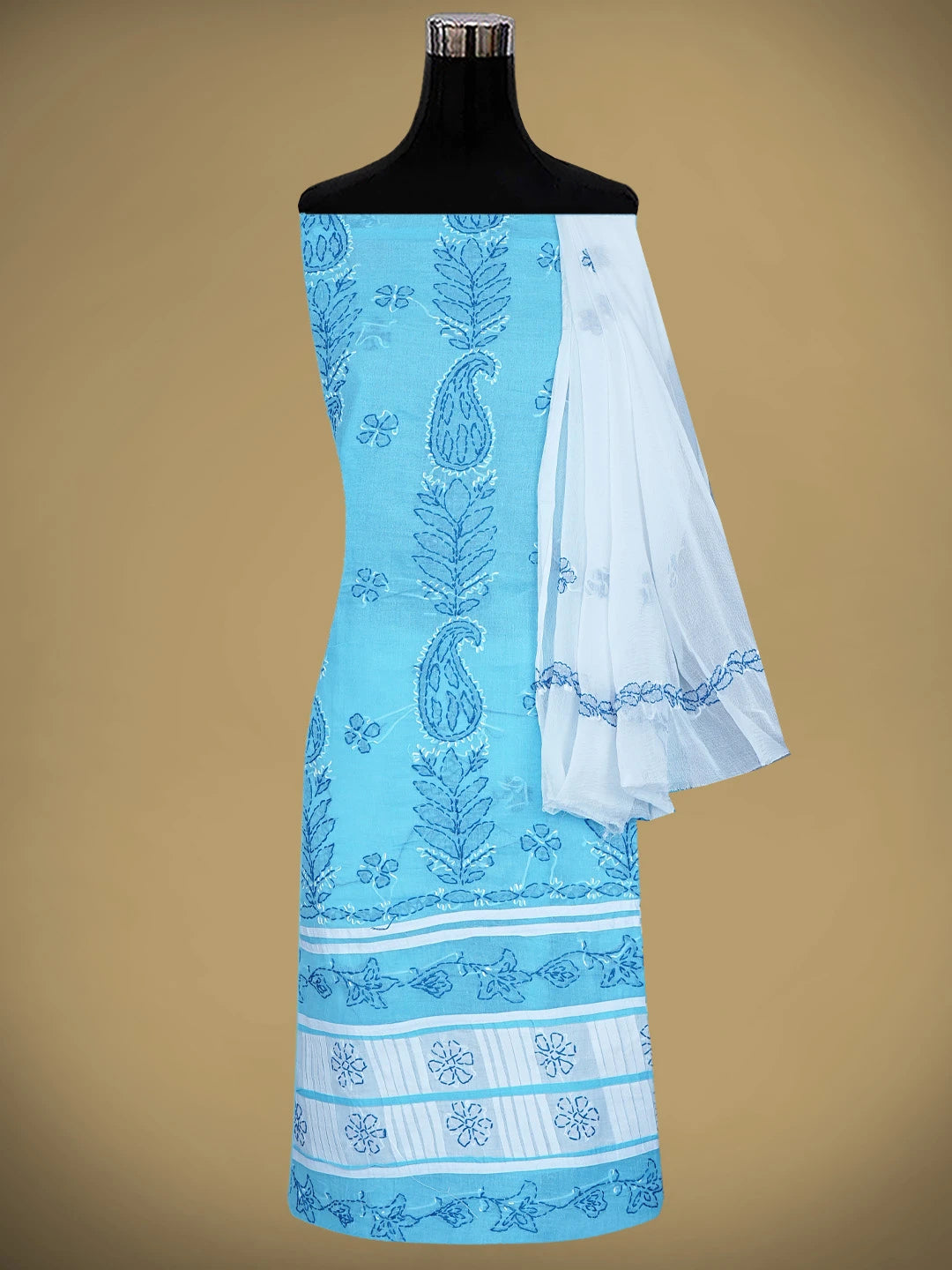 Ada Hand Embroidered Blue Cotton Lucknowi Chikankari Unstitched Suit Piece 01A882749