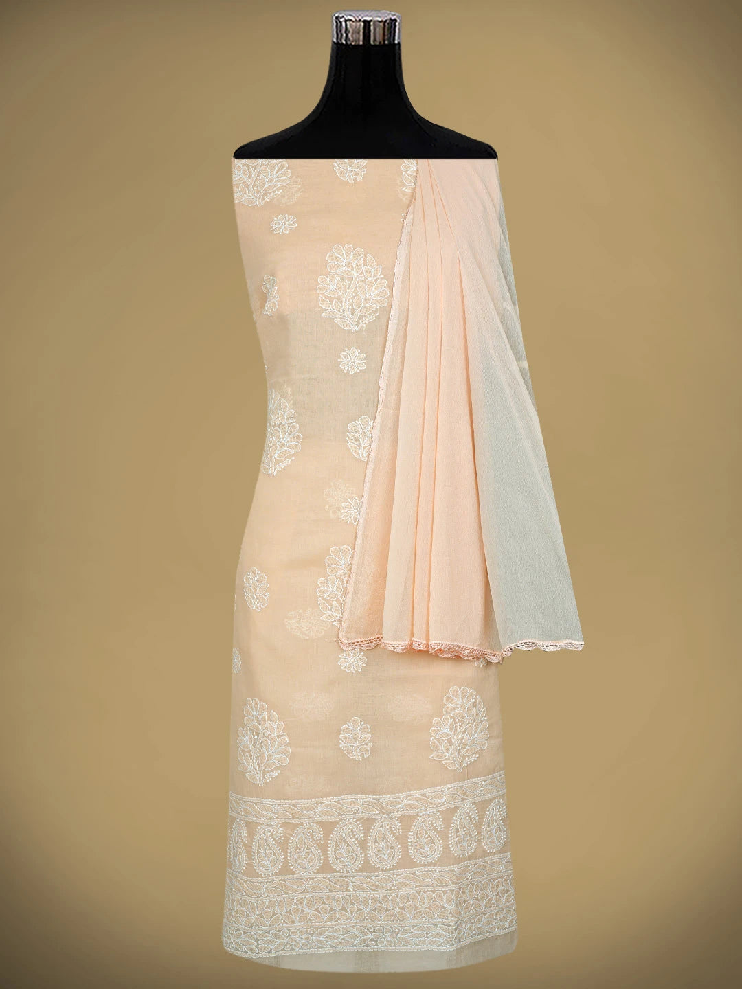Ada Hand Embroidered Peach Cotton Lucknowi Chikankari Unstitched Suit Piece 01A853637