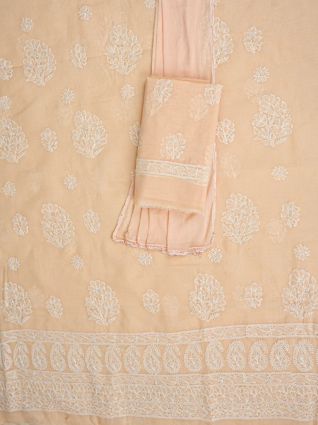 Ada Hand Embroidered Peach Cotton Lucknowi Chikankari Unstitched Suit Piece 01A853637